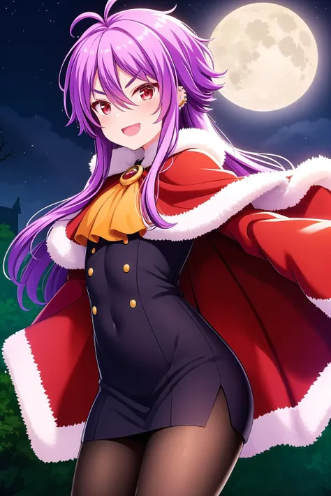 (masterpiece, best quality), highly detailed background, perfect lightingbest quality, shinonomerei, solo, outdoors, night, full moon, purple hair, antenna hair, hair between eyes, long hair, messy hair, v-shaped eyebrows, red eyes, ear piercing, small breasts, red cape, fur-trimmed cape, black dress, fur trim, ascot, puffy long sleeves, juliet sleeves, black pantyhose, halloween costume, smile, open mouth, >:d, pink lips, <lora:Shinonome-Rei:0.7>