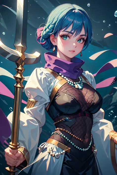 (masterpiece, best quality), water, underwater, upper body, 1girl, solo, MaidenA, short hair, braid, aqua eyes, large breasts, <lora:MaidenOfTheAqua_V1-Manityo-AdamW:1.0>, looking at viewer, purple earrings, purple scarf, pearl necklace, beads, shell necklace, fishnet top, puffy sleeves, long sleeves, holding trident,