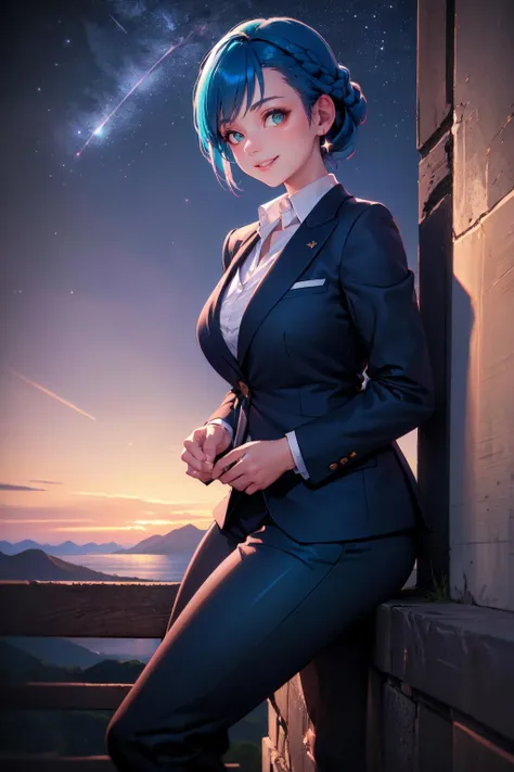 (masterpiece, best quality), outdoors, mountain, dark, night sky, starry sky, 1girl, solo, MaidenA, short hair, braid, blue hair, aqua eyes, large breasts, <lora:MaidenOfTheAqua_V1-Manityo-AdamW:1.0>, looking at viewer, smile, business suit, aqua blazer, aqua pants, suit pants, leaning on rail,