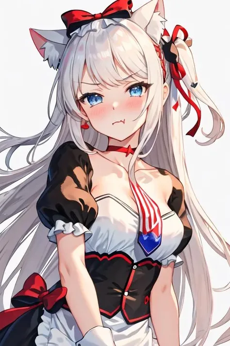 best quality, masterpiece, highres, solo, {hammann_azurlane:1.15}, long_hair, animal_ears, cat_ears, blue_eyes, blush, bow, bangs, white_hair, hair_bow, ribbon, very_long_hair, open_mouth, black_bow, breasts, hair_ribbon, hair_ornament, hair_between_eyes, animal_ear_fluff, small_breasts, 1girl, :t, black_dress, closed_mouth, looking_at_viewer, pout, puffy_short_sleeves, puffy_sleeves, red_bow, short_sleeves, simple_background, upper_body, white_background, dress, necktie, print_necktie, red_choker, one_side_up, wrist_cuffs