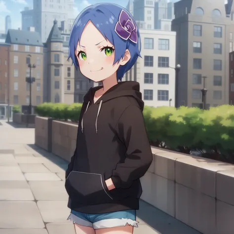 <lora:Meili-000060:1>,
anime screencap,city,
1girl, solo, green eyes, blue hair, short hair, hair ornament,smug, looking at viewer,hoodie, shorts,hands in pockets,