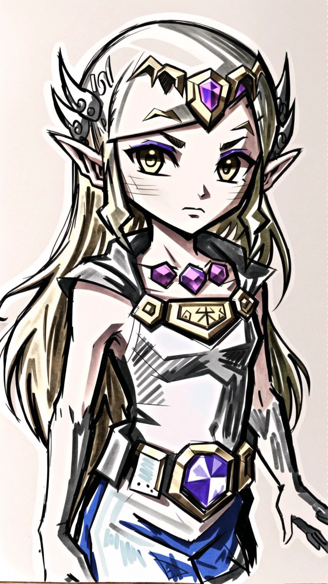 <lora:Pencil_Sketch_Dim64_SD-05:0.8> (Pencil Sketch:1.2, messy lines, greyscale, traditional media, sketch:1.10), unfinished, hatching (texture:1.10), BREAK, <lora:toonzelda-10:0.8> toon zelda, long hair, blonde hair, pointy ears, makeup