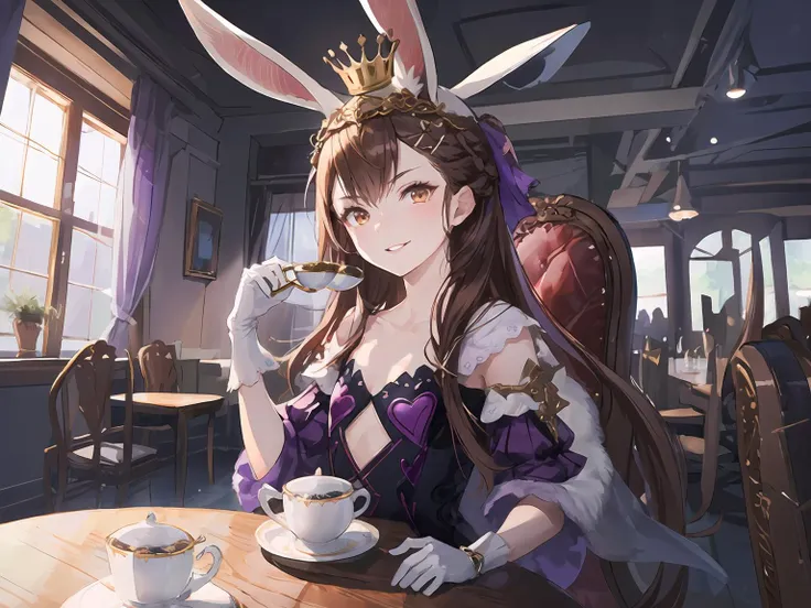 masterpiece,best quality,highres,cinematic lighting,dramatic angle,1girl,<lora:DarkAliceV1:0.8:lbw=jiangshi3>,brown hair,rabbit ears,hair ornament,looking at viewer,smile,brown eyes,purple dress,elbow gloves,cleavage,shards,fur trim,striped,small breasts,flat chest,collarbone,frills,crown,hair ornament,heart-shaped decorations,ribbon,evil smile,parted lips,shaded face,glowing eyes,stuffed toys,teatime,teacup,holding,black tea,chair,table,across table,cupcake,plate,puffy sleeves,tail,cross-laced clothes,clothing cutout,shy