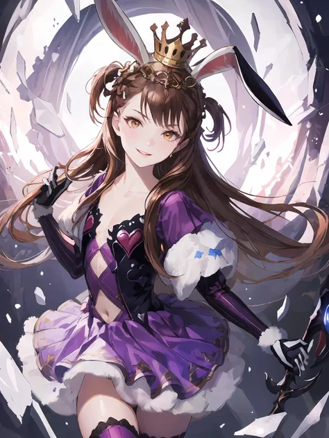 masterpiece,best quality,highres,cinematic lighting,dramatic angle,1girl,<lora:DarkAliceV1:0.8:lbw=jiangshi3>,brown hair,rabbit ears,hair ornament,looking at viewer,smile,brown eyes,purple dress,elbow gloves,cleavage,thighhighs,shards,fur trim,striped,small breasts,flat chest,collarbone,parted lips,frills,crown,hair ornament,heart-shaped decorations,ribbon,holding weapon,evil smile,shaded face,glowing eyes,