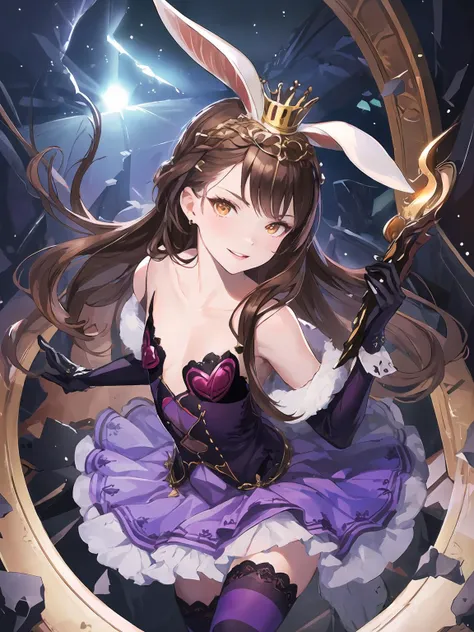 masterpiece,best quality,highres,cinematic lighting,dramatic angle,1girl,<lora:DarkAliceV1:0.8:lbw=jiangshi3>,brown hair,rabbit ears,hair ornament,looking at viewer,smile,brown eyes,purple dress,elbow gloves,cleavage,thighhighs,shards,fur trim,striped,small breasts,flat chest,collarbone,parted lips,frills,crown,hair ornament,heart-shaped decorations,ribbon,holding weapon,evil smile,shaded face,glowing eyes,