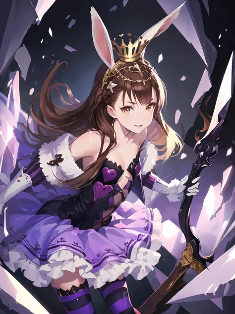 masterpiece,best quality,highres,cinematic lighting,dramatic angle,1girl,<lora:DarkAliceV1:0.8:lbw=jiangshi3>,brown hair,rabbit ears,hair ornament,looking at viewer,smile,brown eyes,purple dress,elbow gloves,cleavage,thighhighs,shards,fur trim,striped,small breasts,flat chest,collarbone,parted lips,frills,crown,hair ornament,heart-shaped decorations,ribbon,holding weapon,evil smile,shaded face,glowing eyes,