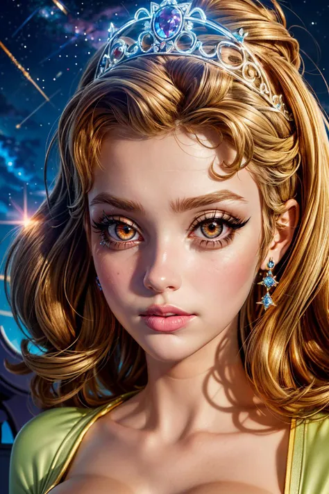 (ultra realistic,32k, masterpiece:1.2),(high detailed skin:1.1),( high quality:1.1),
<lora:PrincessAmber:0.6>(nose blush:1.1), (long lashes, mascara:1.1), eyeliner,princess amber, blonde hair, brown eyes, yellow dress, princess, tiara, 1girl, solo, starwhisper sanctuary, celestial whispers, guiding constellations, sacred retreat blurry background,(looking at viewer, portrait:1.1),, (huge breast,large breast:1.1),<lora:add_detail:0.82>,
(neon light:1.1),