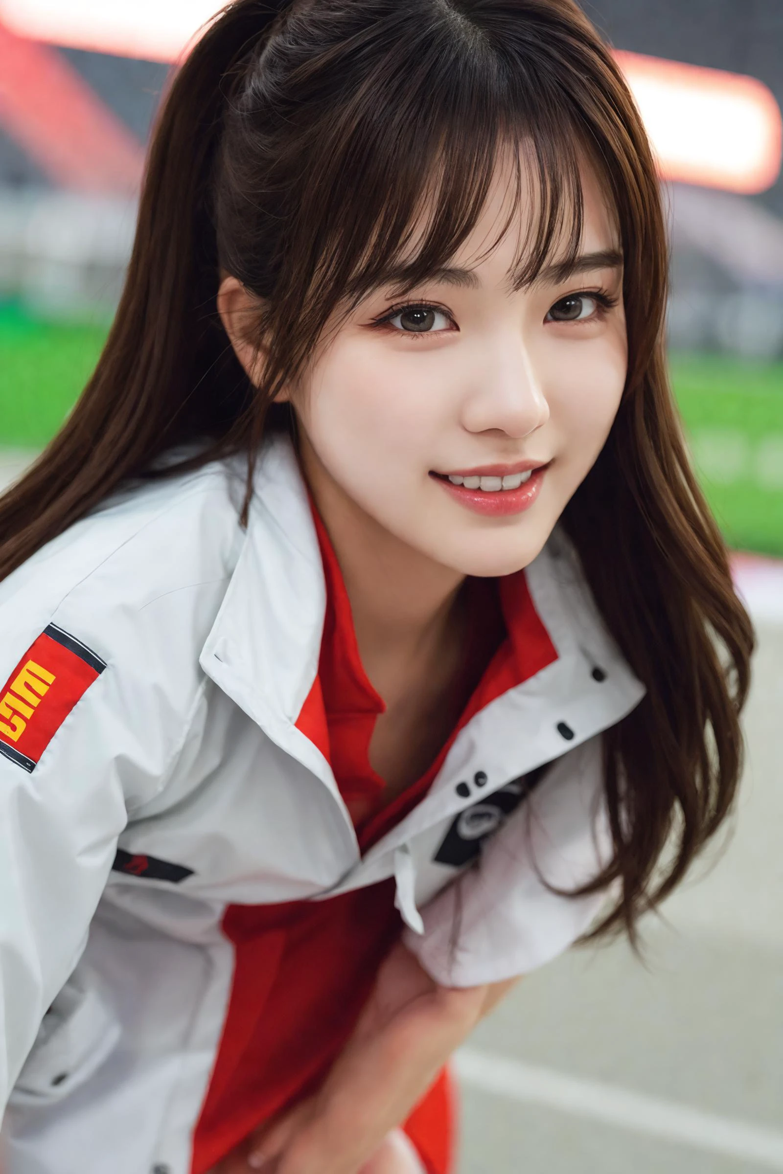 best quality, Ultra high res, 16k, RAW photo-realistic, real person, High detail color photo, Perfect Anatomy, Ultra-detailed skin texture, Ultra-detailed face, Ultra-realistic detailed eyes, Ultra-detailed hair texture, Racing circuit, maintenance area, <lora:japanese_actress_mix-V5:0.3>, (kawaii_jpn:0.5), <lora:race_queen_cos_v10-10:0.3>,
BREAK
solo, Lanky body, Small hips, slender face, Beautiful woman like a goddess, (Smile:0.8), thin and soft hair, (Half updo middle hair:0.8), long_eyelashes, (eyeshadow:0.5), Race_queen, Paddock Girl, skirt and boots costume, expressive_clothes,
BREAK
Put on down coat, dancing,