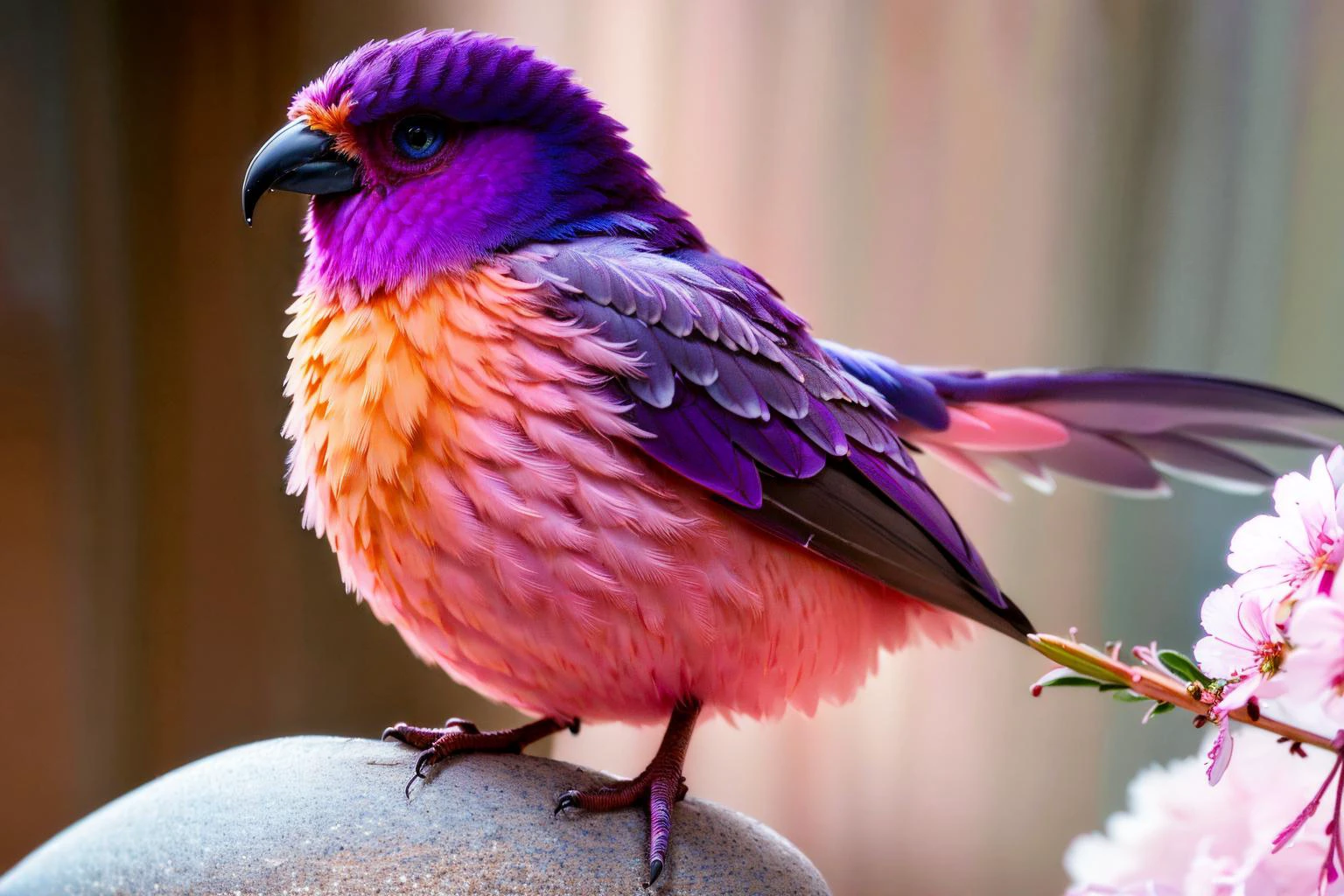 (masterpiece, best quality:1.2), ultra-detailed, Pink, purple, and orange bird, (realistic:1.5), <lora:EdobBirds_v1.0:1>