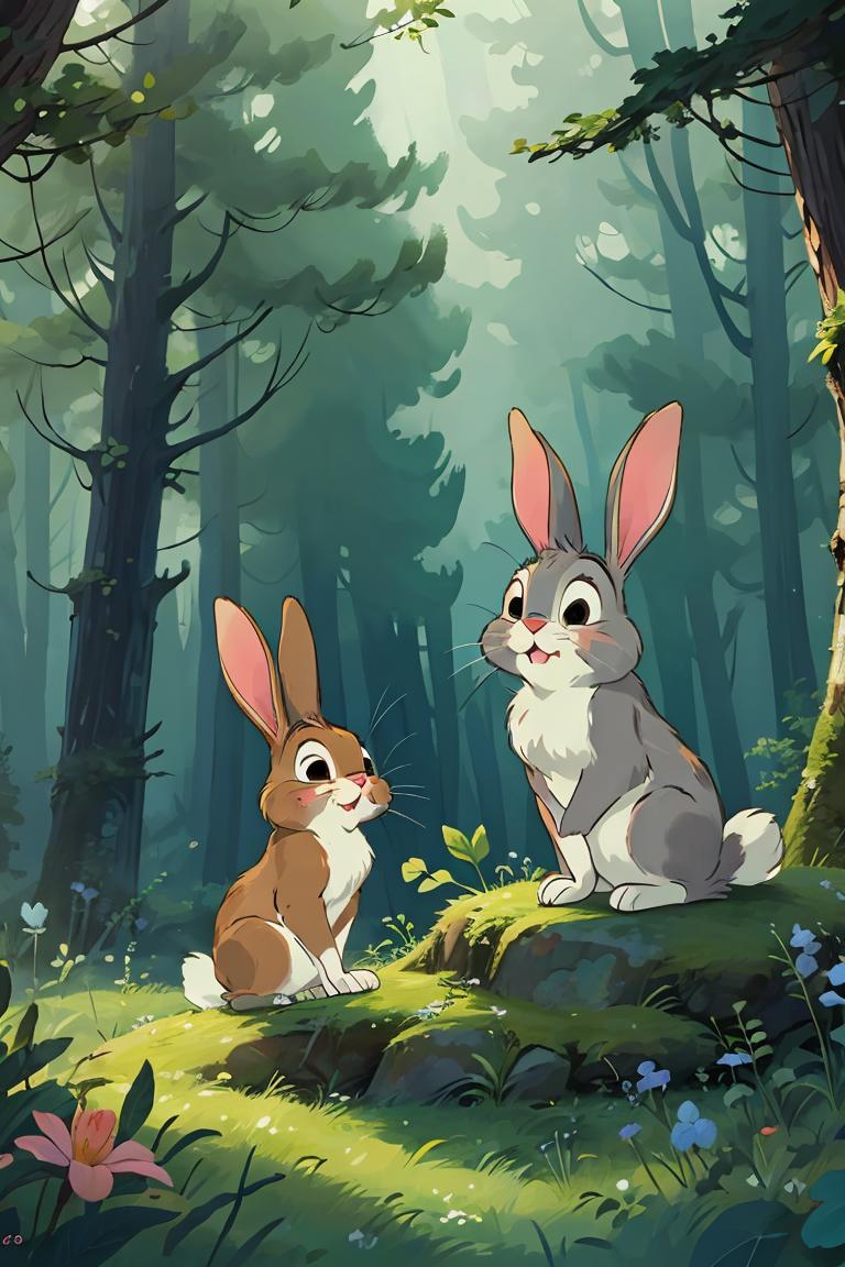 A couple of rabbits sitting on top of a lush green forest - SeaArt AI