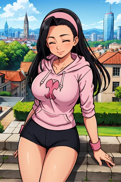 masterpiece, best quality, <lora:guila-nvwls-v1-000009:0.9> guila, closed eyes, hairband, blue hoodie, spandex shorts, wristband, stairs, smile, cityscape, large breasts