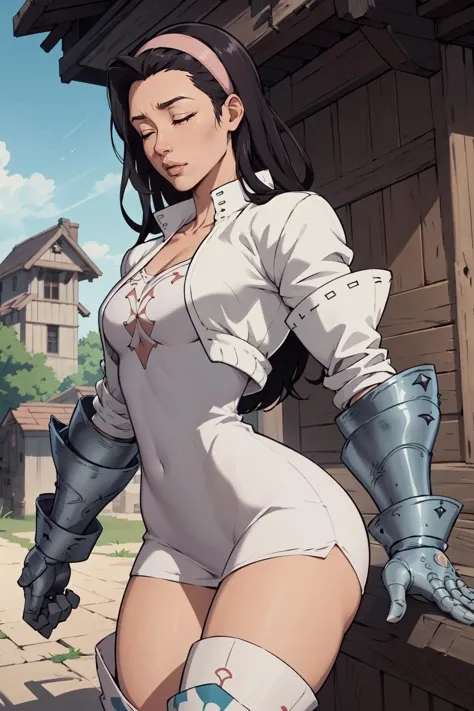 (masterpiece, best quality), 1girl,  <lora:guila-nvwls-v1:1> guila, closed eyes , hairband, cropped jacket, white jacket, white dress, short dress, gauntlets, thigh boots