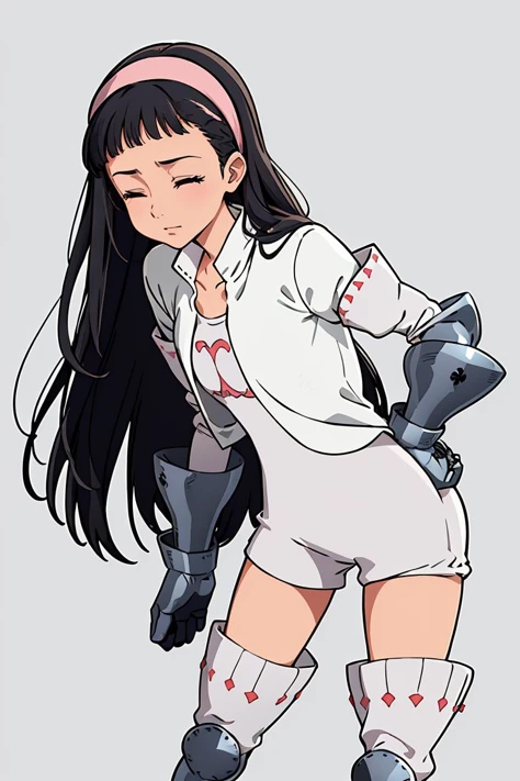 (masterpiece, best quality), 1girl, <lora:guila-nvwls-v1:1> guila, closed eyes , hairband, cropped jacket, white jacket, white dress, short dress, gauntlets, thigh boots