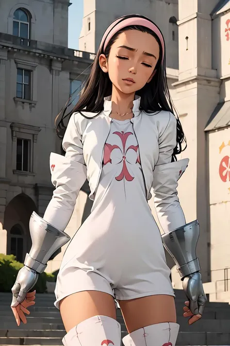 (masterpiece, best quality), 1girl, <lora:guila-nvwls-v1:1> guila, closed eyes , hairband, cropped jacket, white jacket, white dress, short dress, gauntlets, thigh boots