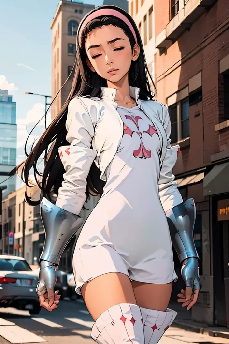 (masterpiece, best quality), 1girl, <lora:guila-nvwls-v1:1> guila, closed eyes , hairband, cropped jacket, white jacket, white dress, short dress, gauntlets, thigh boots