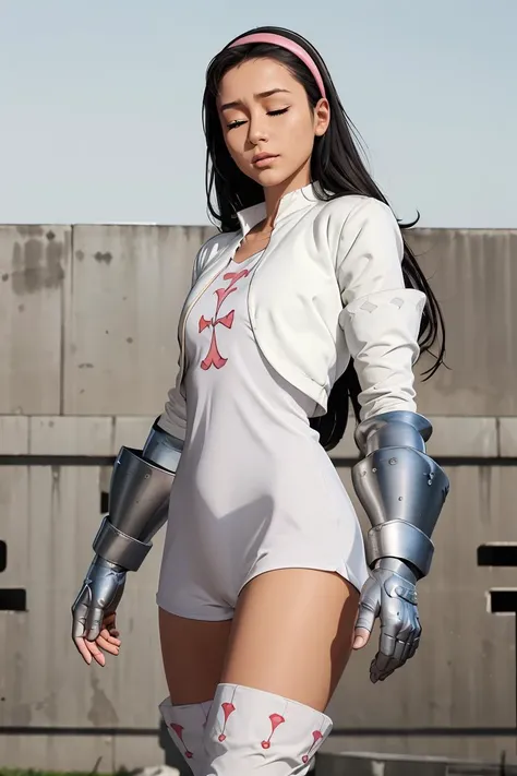 (masterpiece, best quality), 1girl, <lora:guila-nvwls-v1:1> guila, closed eyes , hairband, cropped jacket, white jacket, white dress, short dress, gauntlets, thigh boots