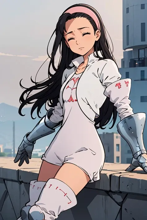 (masterpiece, best quality), 1girl,  <lora:guila-nvwls-v1:1> guila, closed eyes , hairband, cropped jacket, white jacket, white dress, short dress, gauntlets, thigh boots