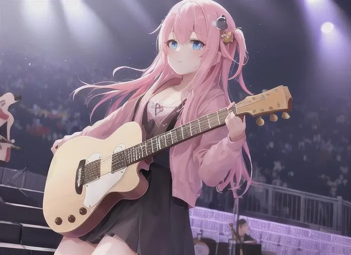 boqi,1girl,gotou hitori,((cube hair ornament)),solo,pink hair,blue eyes,<lora:boqi_20230625190201:0.4>,outdoor,On the stairs,Guitar,on stage,Light behind the body,Many people in front of the stage,, masterpiece, best quality,