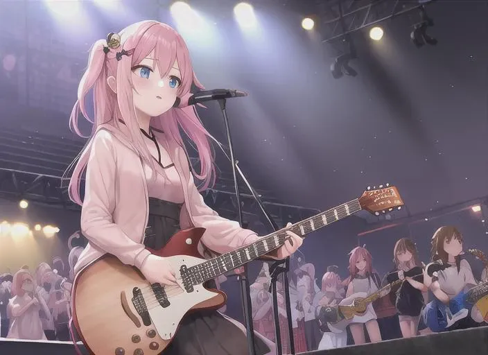 boqi,1girl,gotou hitori,((cube hair ornament)),solo,pink hair,blue eyes,<lora:boqi_20230625190201:0.4>,outdoor,On the stairs,Guitar,on stage,Light behind the body,Many people in front of the stage,, masterpiece, best quality,