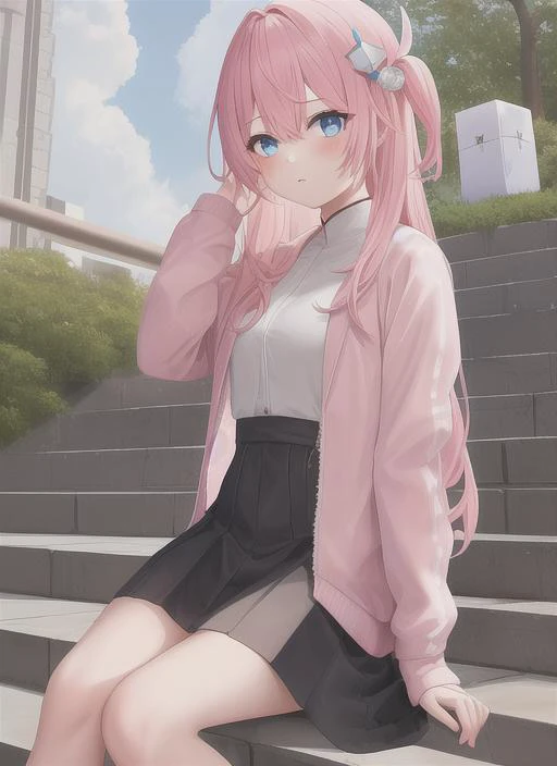 boqi,1girl,gotou hitori,((cube hair ornament)),solo,pink hair,blue eyes,<lora:boqi_20230625190201:0.4>,outdoor,On the stairs,, masterpiece, best quality,