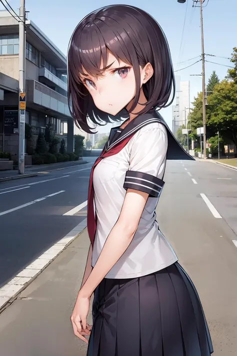 (masterpiece, best quality), 1girl, (solo), looking at viewer,
BREAK
<lora:eba-style:1>,
BREAK
Calm weather,pout, v-shaped eyebrows, blush,
ruby eyes,
Cardinal hair,
short hair,
forehead, sidelocks,
BREAK
small breasts,
from side,
BREAK
school uniform, neckerchief, sailor necktie, sailor uniform, skirt, pleated skirt, white uniform, short sleeves,