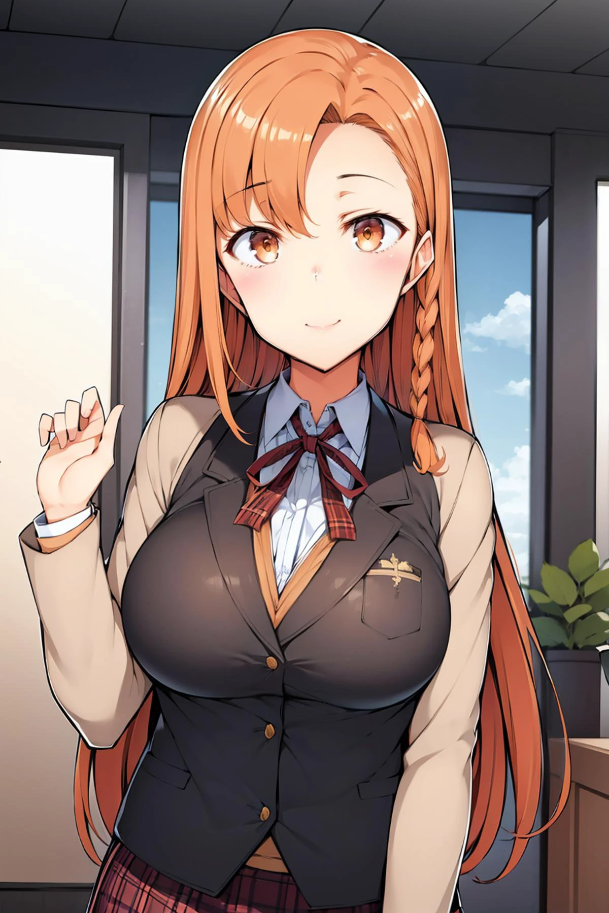 (masterpiece, best quality), 1girl, (solo), looking at viewer,
closed mouth, smile,
village boulder,exoplanet,sill,
BREAK
<lora:eba-style:0.85>,
BREAK
<lora:Yuuki_Oikawa_Family_Control-KK77-V2:0.65> orange hair, long_hair,orange eyes, single braid,
White blazer,shirt,ribbon,plaid_vest,plaid_skirt,