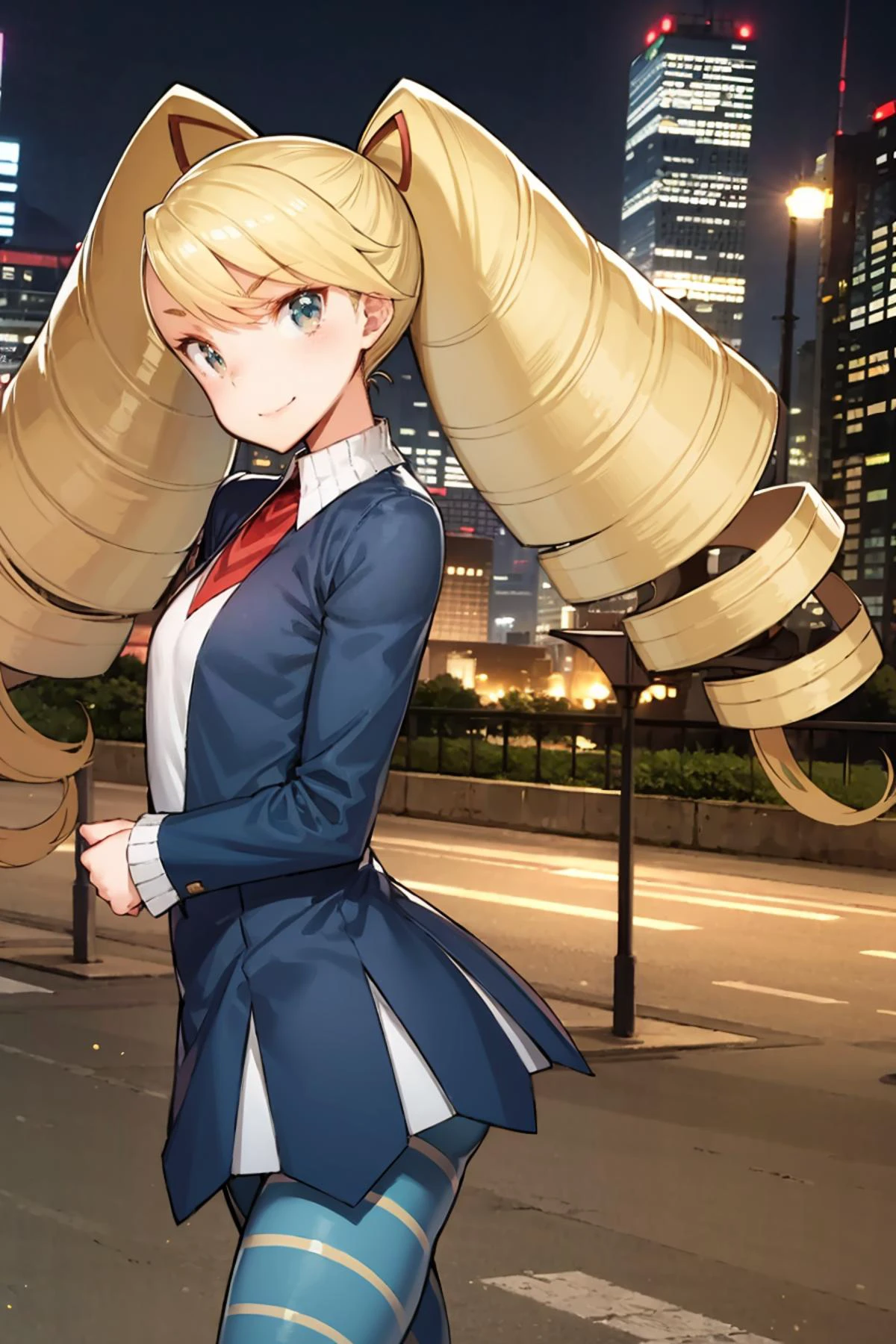 (masterpiece, best quality), 1girl, (solo), looking at viewer,
closed mouth, smile,
city background, street lights, buildings,
BREAK
<lora:eba-style:0.85>,
BREAK
<lora:mmsf_lunaplatz:0.9> mmplatz, twintails, twin drills, dress, blue pantyhose, striped pantyhose