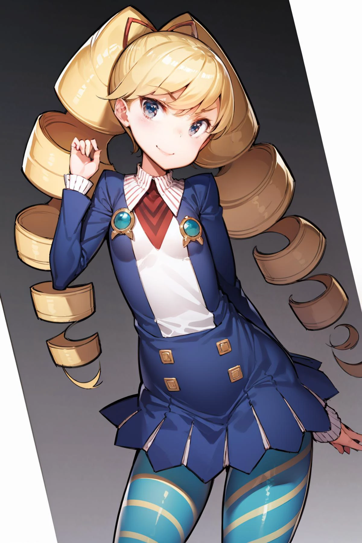 (masterpiece, best quality), 1girl, (solo), looking at viewer,
closed mouth, smile,
__location__,
BREAK
<lora:eba-style:0.85>,
BREAK
<lora:mmsf_lunaplatz:0.9> mmplatz, twintails, twin drills, dress, blue pantyhose, striped pantyhose