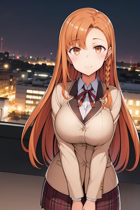 anime girl with long red hair and school uniform standing on a rooftop