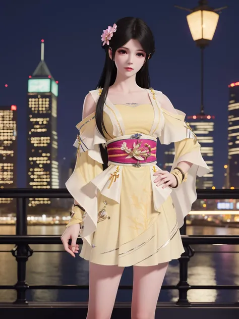 YJWJyingzipingRYLSyellow, 1girl, solo, long hair, dress,hair flower, sash,black hair,obi,<lora:YJWJyingzipingRYLSyellow:0.75>,cityscape, night,looking at viewer, mature female, hand on hip,