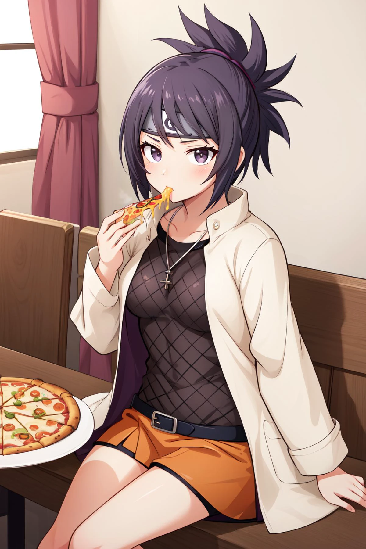 (masterpiece, best quality), intricate details,
1girl, <lora:anko-nvwls-v1-final:0.8> mitarashi anko, forehead protector, necklace, trenchcoat, mesh top, mesh shorts, orange skirt,
pizza hut, sitting at table, indoors, eating pizza, food on plates,