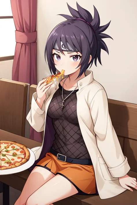 (masterpiece, best quality),  intricate details,
1girl,  <lora:anko-nvwls-v1-final:0.8> mitarashi anko, forehead protector, necklace, trenchcoat, mesh top, mesh shorts, orange skirt, 
pizza hut, sitting at table, indoors, eating pizza, food on plates,