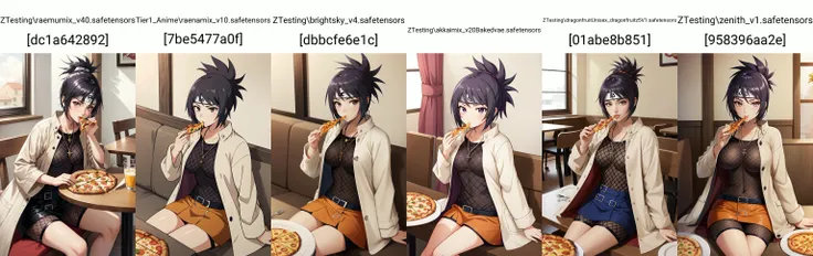 (masterpiece, best quality), intricate details,
1girl, <lora:anko-nvwls-v1-final:0.8> mitarashi anko, forehead protector, necklace, trenchcoat, mesh top, mesh shorts, orange skirt,
pizza hut, sitting at table, indoors, eating pizza, food on plates,