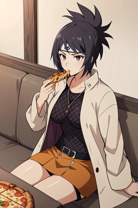 (masterpiece, best quality),  intricate details,
1girl,  <lora:anko-nvwls-v1-final:0.8> mitarashi anko, forehead protector, necklace, trenchcoat, mesh top, mesh shorts, orange skirt, 
pizza hut, sitting at table, indoors, eating pizza, food on plates,