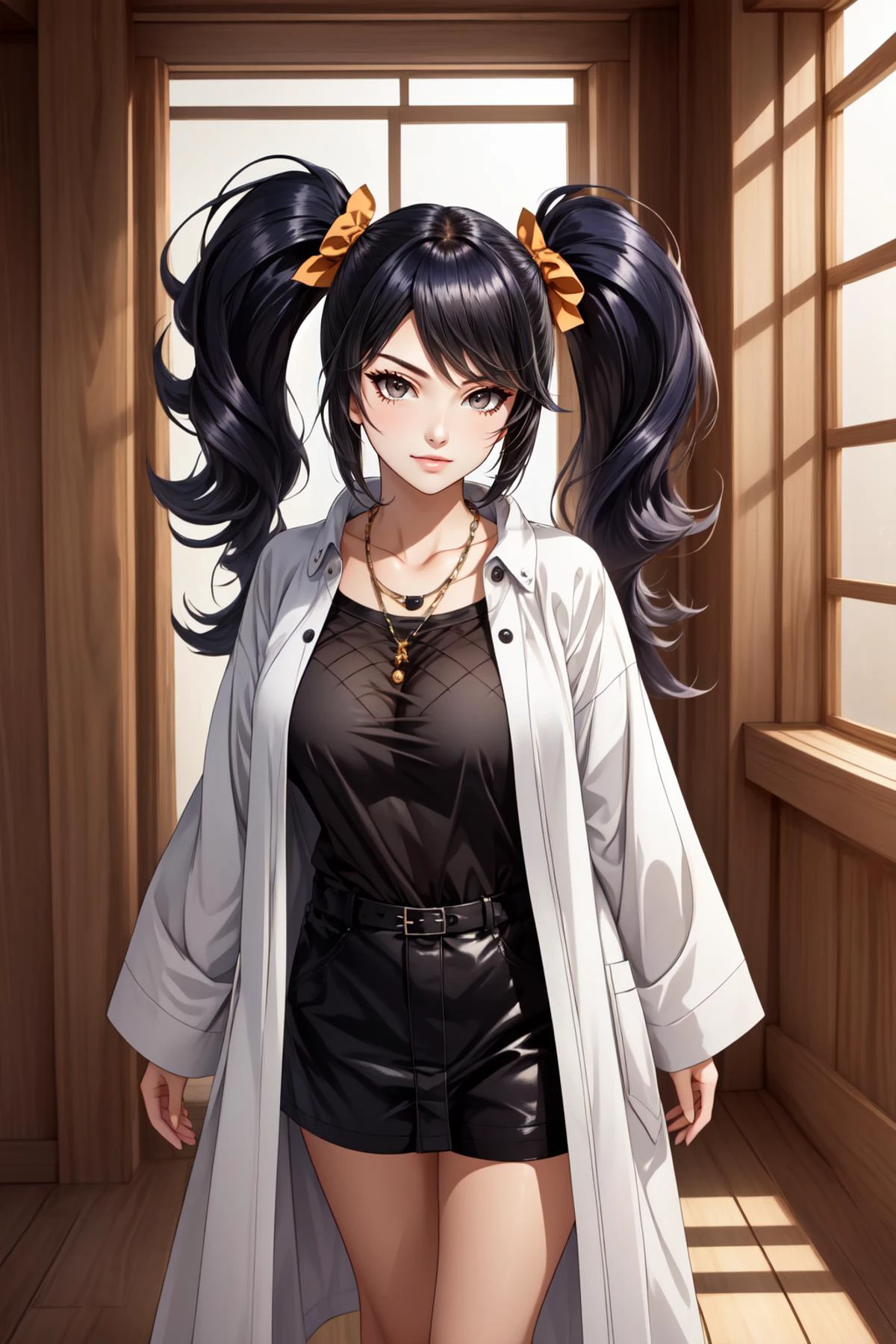 (masterpiece, best quality), intricate details,
1girl, <lora:anko-nvwls-v1-final:0.8> mitarashi anko, forehead protector, necklace, trenchcoat, mesh top, mesh shorts, orange skirt,
<lora:mega_twintails-1.1:0.8> mega twintails, big hair, long hair, very long hair,