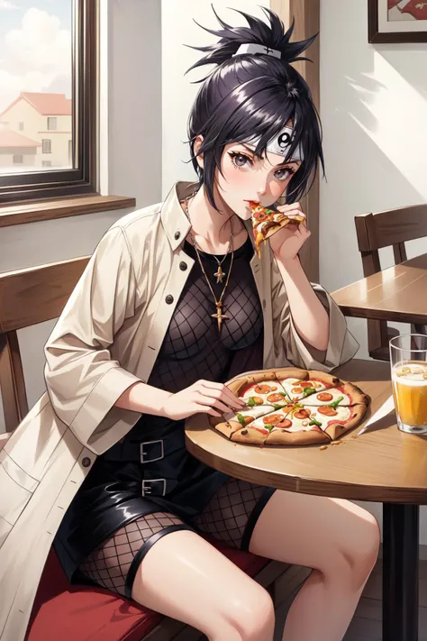 (masterpiece, best quality), intricate details,
1girl, <lora:anko-nvwls-v1-final:0.8> mitarashi anko, forehead protector, necklace, trenchcoat, mesh top, mesh shorts, orange skirt,
pizza hut, sitting at table, indoors, eating pizza, food on plates,