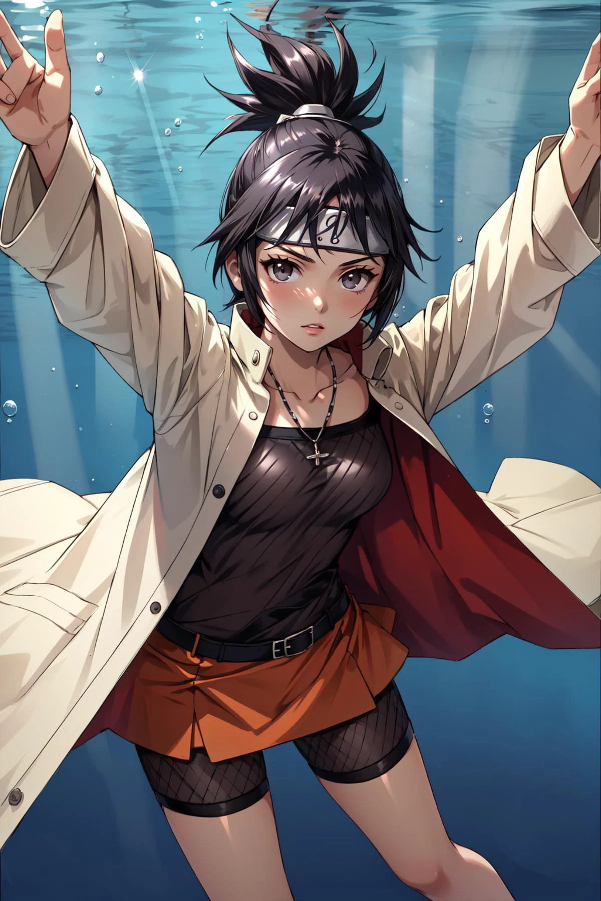 (masterpiece, best quality), intricate details,
1girl, <lora:anko-nvwls-v1-final:0.8> mitarashi anko, forehead protector, necklace, trenchcoat, mesh top, mesh shorts, orange skirt,
<lora:nevermind_album_v0.1:0.8> nirvana, underwater, swimming, money,