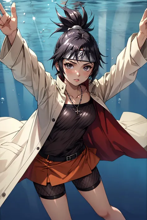 (masterpiece, best quality),  intricate details,
1girl,  <lora:anko-nvwls-v1-final:0.8> mitarashi anko, forehead protector, necklace, trenchcoat, mesh top, mesh shorts, orange skirt, 
 <lora:nevermind_album_v0.1:0.8> nirvana,  underwater, swimming, money,