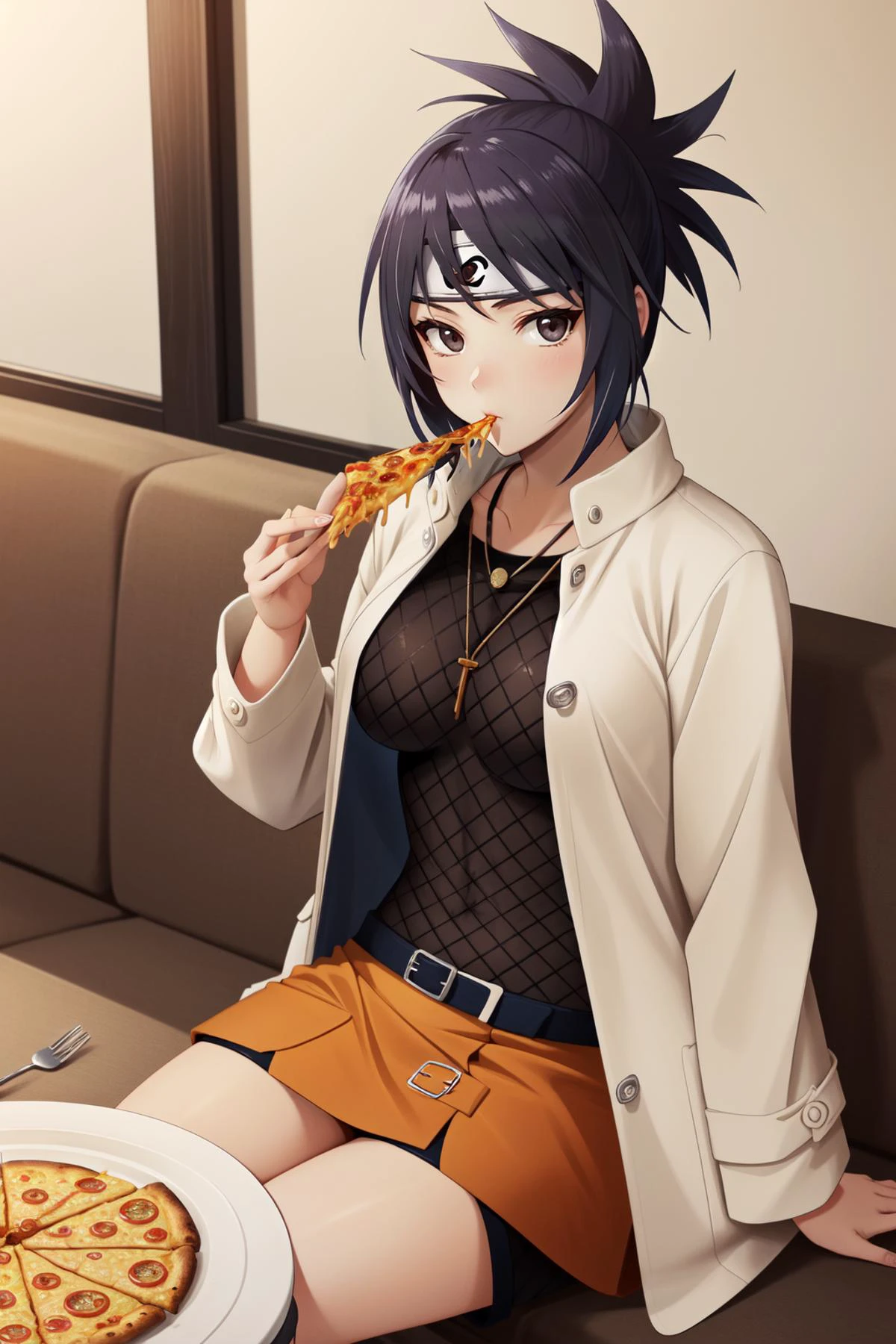 (masterpiece, best quality), intricate details,
1girl, <lora:anko-nvwls-v1-final:0.8> mitarashi anko, forehead protector, necklace, trenchcoat, mesh top, mesh shorts, orange skirt,
pizza hut, sitting at table, indoors, eating pizza, food on plates,