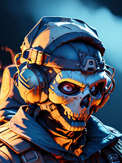 <lora:GhostMask:0.9> ghostmask, men in mask portrait, military, close-up shot, backlight, ultrarealistic, ray tracing, storm on the background, blue cinimatic lighting