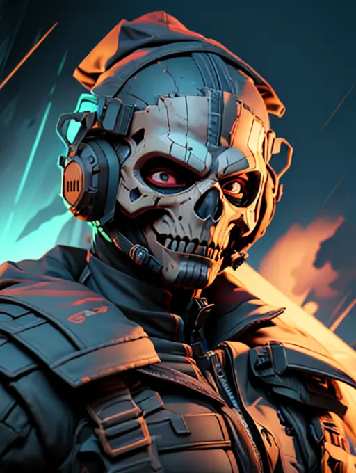 <lora:GhostMask:0.7> ghostmask, men in mask portrait, military, close-up shot, backlight, ultrarealistic, ray tracing, storm on the background, blue cinimatic lighting