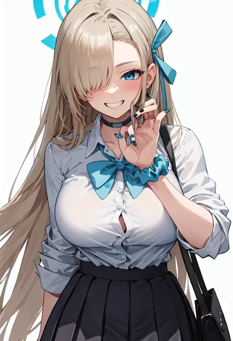 best quality, masterpiece, highres, solo, (asuna_bluearchive:1.10), 1girl, collared shirt, looking at viewer, pleated skirt, , white shirt, grin, black skirt, simple background, wrist scrunchie, white background, black choker, blue bowtie, blush, one eye covered, blue nails, nail polish, blue scrunchie, shirt tucked in, 7