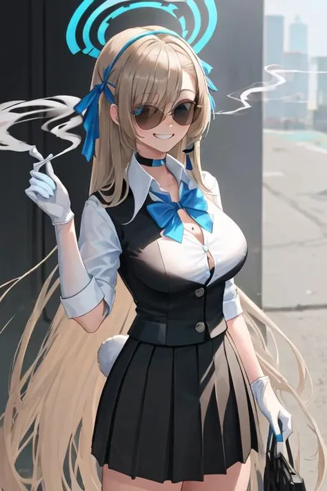 best quality, masterpiece, highres, solo, {black business suit:1.40}, {tie:1.20}, {sunglasses:1.25}, {white gloves:1.15}, {white shirt:1.10}, {black skirt:1.15}, {smoking:1.20}, handsome, {asuna_bluearchive:1.15}, long_hair, bangs, blue_eyes, smile, hair_over_one_eye, light_brown_hair, breasts, blush, halo, large_breasts, ribbon, bow, bowtie, grin, hair_ribbon, blue_bow, blue_bowtie, cleavage, blue_ribbon, animal_ears, very_long_hair, fake_animal_ears, rabbit_ears, mole, mole_on_breast