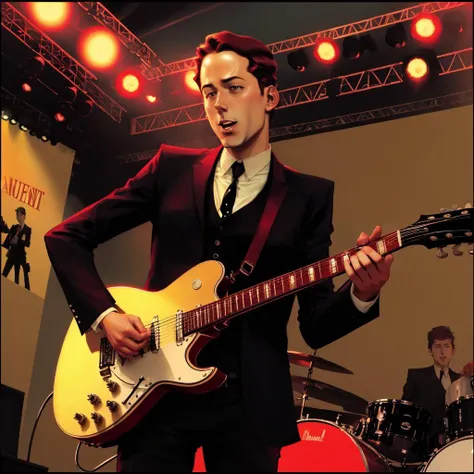A man on stage with a guitar <lora:5th_Beatle_v1:1> 5thbtlstl