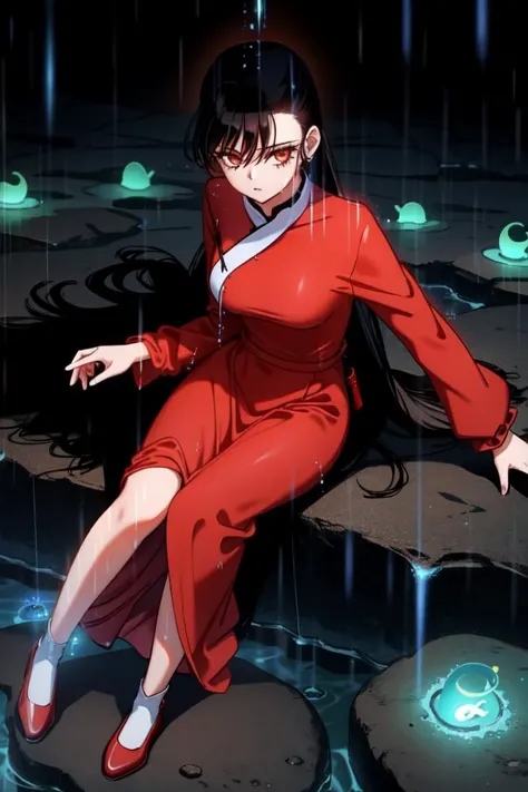 hudasheng, 1girl,black hair,long hair <lora:hudasheng:0.7>,red dress, red footwear,sit on the ground,black background,rain,bioluminescence,soft illumination