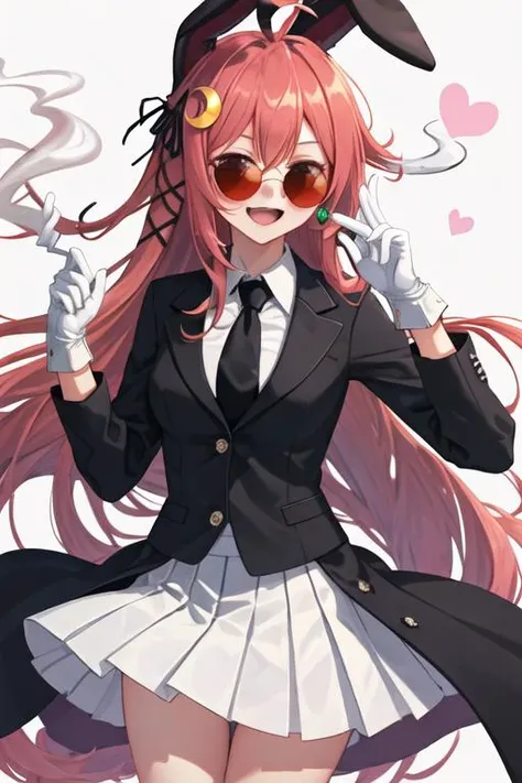 best quality, masterpiece, highres, solo, {black business suit:1.40}, {tie:1.20}, {sunglasses:1.25}, {white gloves:1.15}, {white shirt:1.10}, {black skirt:1.15}, {smoking:1.20}, handsome, {uzuki_kantaicollection:1.15}, hair_ornament, crescent, long_hair, crescent_hair_ornament, ahoge, red_eyes, ribbon, serafuku, pink_hair, hair_ribbon, smile, open_mouth, blush, red_hair, rabbit_hair_ornament, very_long_hair, low-tied_long_hair, animal_ears