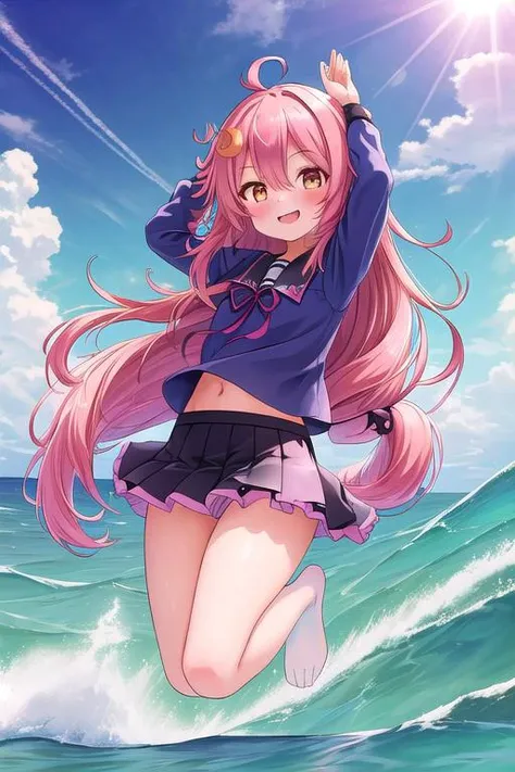 masterpiece, best quality,ultra detail, <lora:anmnr01:0.3>  <lora:add_detail:0.5>,<lora:GoodHands-vanilla:0.8>,1girl,from below,cinematic angle,uzuki_kantaicollection <lora:uzuki_kantaicollection:0.7>,smile,pink hair,jump ,ocean,big wave,cloud,sunshine,