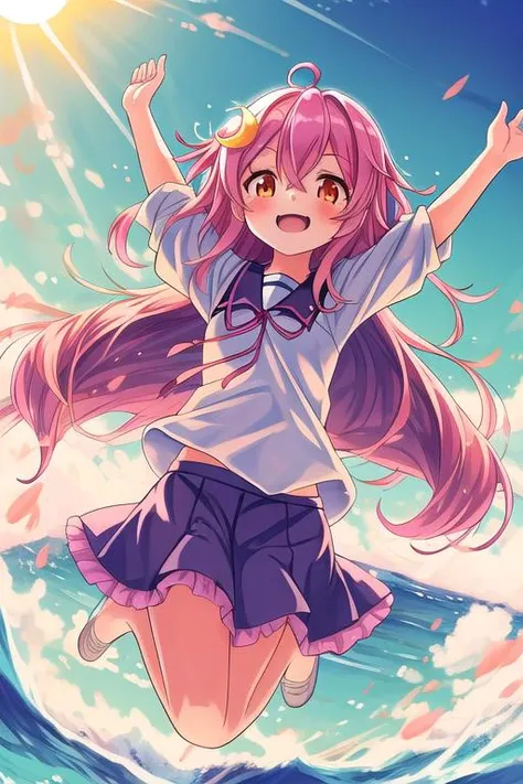 masterpiece, best quality,ultra detail, <lora:anmnr01:0.3>  <lora:add_detail:0.5>,<lora:GoodHands-vanilla:0.8>,1girl,from below,cinematic angle,uzuki_kantaicollection <lora:uzuki_kantaicollection:0.7>,smile,pink hair,jump ,ocean,big wave,cloud,sunshine,