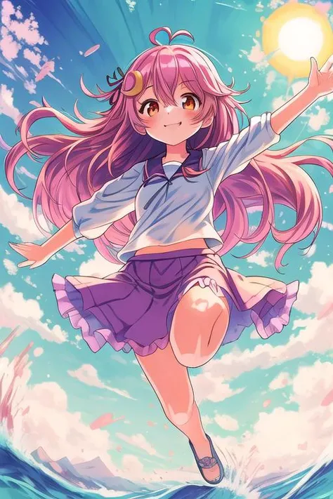 masterpiece, best quality,ultra detail, <lora:anmnr01:0.3>  <lora:add_detail:0.5>,<lora:GoodHands-vanilla:0.8>,small breasts,girl, uzuki_kantaicollection <lora:uzuki_kantaicollection:0.7>,smile,pink hair,jump <lora:Jump:0.7>,ocean,big wave,cloud,sunshine