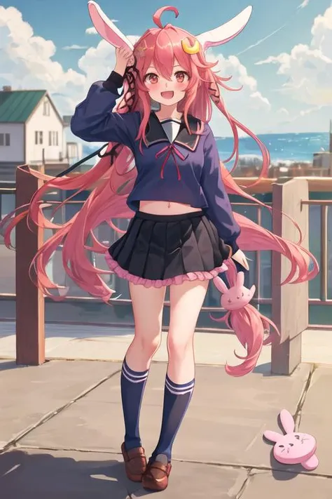 best quality, masterpiece, highres, solo, {uzuki_kantaicollection:1.15}, hair_ornament, crescent, long_hair, crescent_hair_ornament, ahoge, red_eyes, ribbon, serafuku, pink_hair, hair_ribbon, smile, open_mouth, blush, red_hair, rabbit_hair_ornament, very_long_hair, low-tied_long_hair, animal_ears, 1girl, :d, black_sailor_collar, black_skirt, blue_shirt, blue_socks, fang, frilled_skirt, frills, kneehighs, long_sleeves, looking_at_viewer, pleated_skirt, rabbit_ears, sailor_collar, school_uniform, shirt, skirt, socks, standing, :3, shoes, standing_on_one_leg, bangs, black_ribbon, hair_between_eyes, navel
